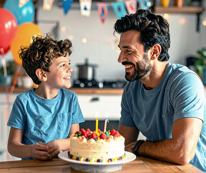 Papà con figlio a casa che festeggiano compleanno