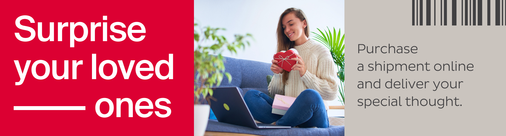 Surprise your loved ones – girl on the sofa with a laptop and a box ready to be shipped