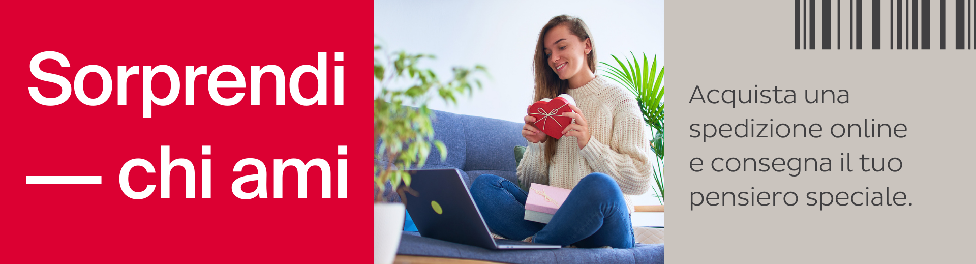 Sorprendi chi ami - ragazza sul divano con pc e scatola da spedire