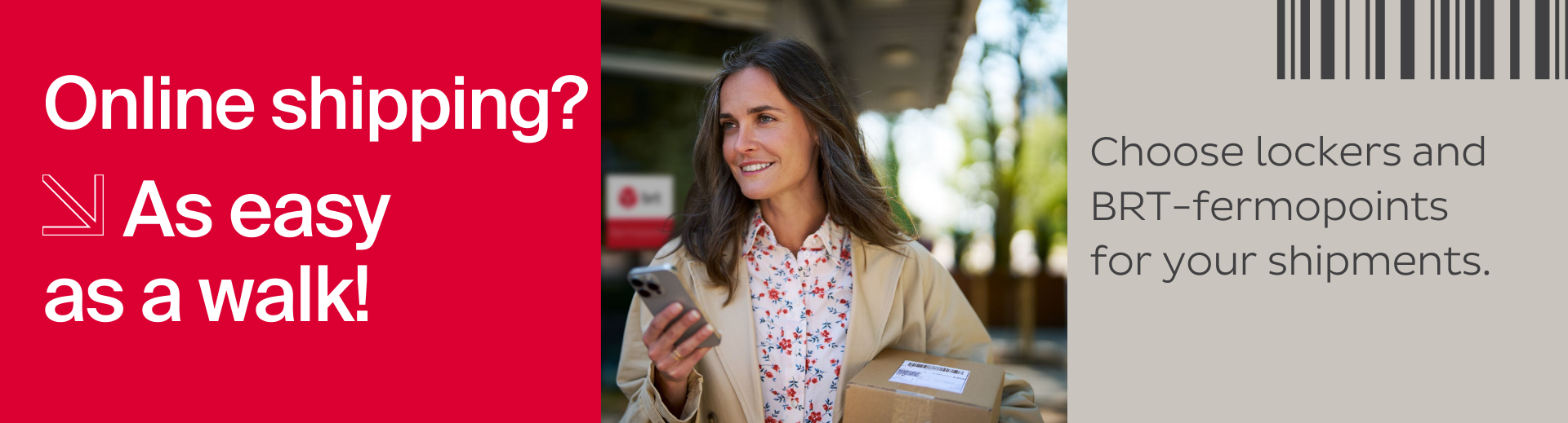 Woman with smartphone and parcel in front of a pickup shop
