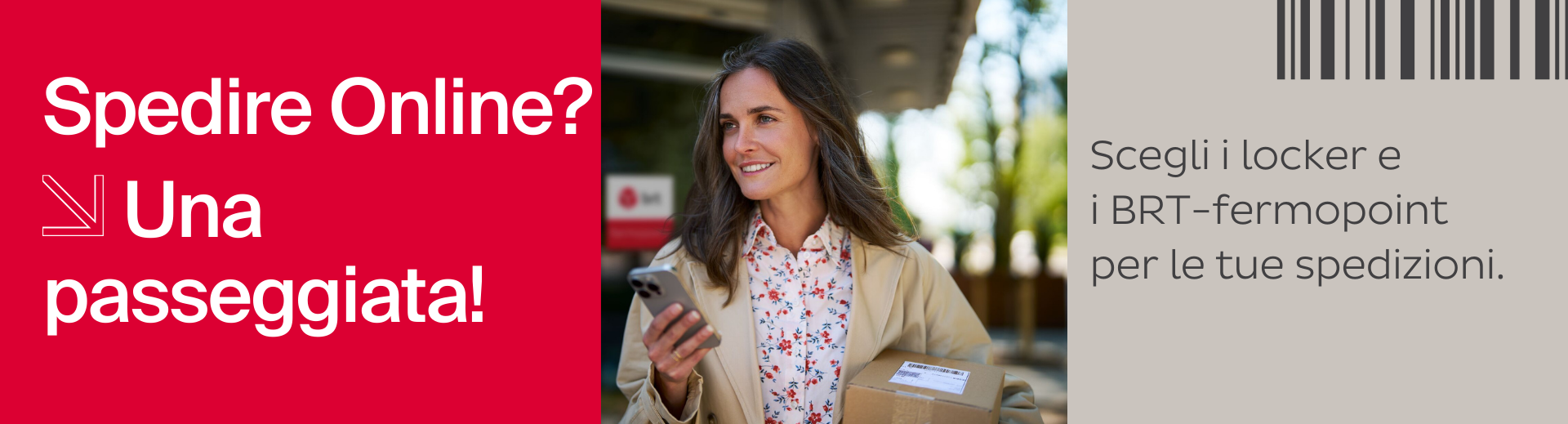 Woman with smartphone and parcel in front of a pickup shop