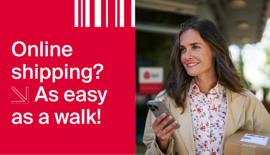 Woman with smartphone and parcel in front of a pickup shop