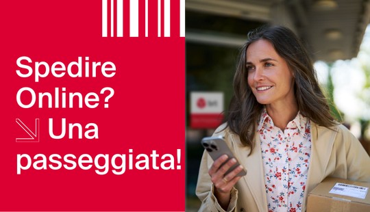 Woman with smartphone and parcel in front of a pickup shop