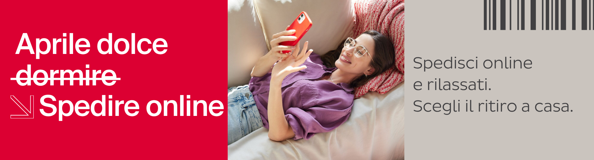 Donna con smartphone sul divano. 10% di sconto. • Spedizione pacchi online con BRT in Italia e all’e