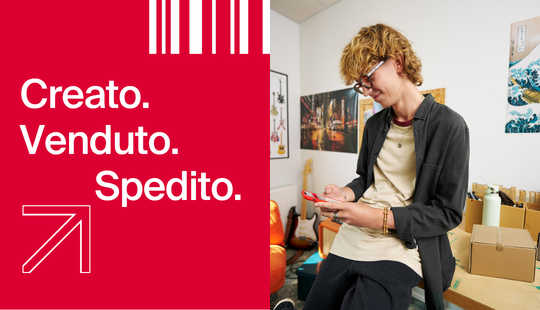 Creato.Venduto.Spedito. Spedisci con Spedire Online di BRT in pochi click. Ragazzo con smartphone.