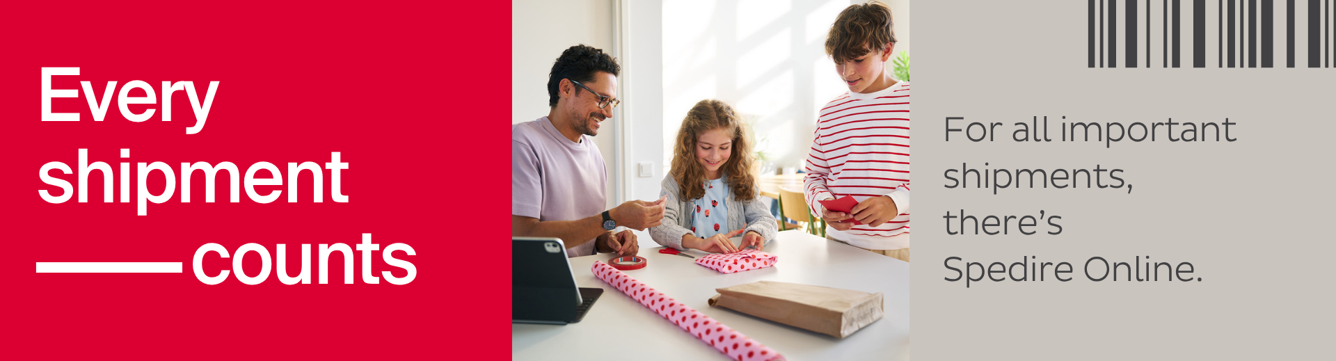 Online Shipping. Every shipment counts. A family wrapping a gift to be shipped with BRT.